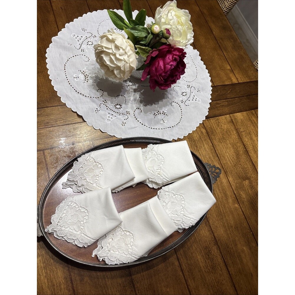 vtg italian Handmade Belgium Lace White Dinner Napkins Set of 9